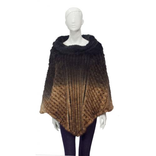 Winter Fur Whiskey Dip Dyed Knitted Mink Poncho With Shawl Collar